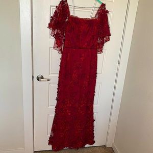 MARCHESA NOTTE RED PETAL EMBROIDERED FLUTTER SLEEVE DRESS SIZE 6